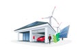 Electric Car Charging at Home Garage Wall Box with Solar Panels and Wind Power Station Royalty Free Stock Photo