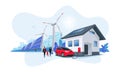 Electric Car Charging at Home with Solar Panels and Wind Power Station and Green City Skyline