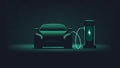 Electric car charging image. Plugin hybrid. EV recharge station. Green dark neon background.