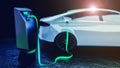 The electric car is charging, isolated on a black background - a futuristic image with light effects symbolizing the flow of