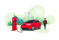 Electric Car Charging with Man and Solar Panels with Wind Power Station and Green City Skyline