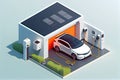 Electric car charging near garage on charger station. Battery vehicle standing on parking lot connected to wall box. Royalty Free Stock Photo