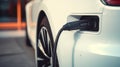 Electric car charging on parking lot with electric car charging station on city street. Electric cars in the row ready Royalty Free Stock Photo