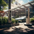 electric car charging power station, 2 charging ports for green, environmentally sustainable travel