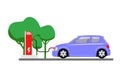 Electric car charging at refuelling power station. Modern vehicle technology. Vector illustration