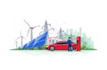 Electric Car Charging from Renewable Energy Battery Storage Power Grid System with City Skyline