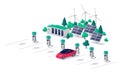 Electric car charging on renewable solar wind charger station with many charging stalls