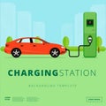 Electric car charging station concept. EV recharging point or EVSE. Plug-in vehicle getting energy from battery supply.