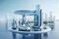 electric car at a charging station, future technolgy of sustainable transportation, skyline in background