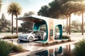 electric car charging station at futuristic park, with greenery and water features