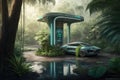 electric car charging station at futuristic park, with greenery and water features
