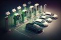 electric car charging station with multiple cars, each one in different stage of charging