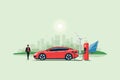 Electric Car Charging at the Charging Station with Renewable Solar Wind and City Skyline Royalty Free Stock Photo