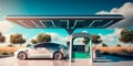 Electric car charging station with solar panels in the background Generative AI