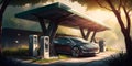 Electric car charging station with solar panels in the background Generative AI