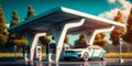 Electric car charging station with solar panels in the background Generative AI