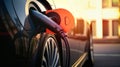 Electric Car Charging at Sunset with Modern Plug Technology - Generative AI Royalty Free Stock Photo