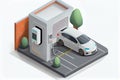 Electric car charging in underground basement garage store on charger station. Battery vehicle standing on parking lot connected Royalty Free Stock Photo