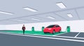 Electric Car Charging at Underground Garage on Parking Lot with Wall Box Charger Royalty Free Stock Photo