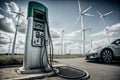 Electric car charging in a wind turbine farm. Alternative energy source Royalty Free Stock Photo