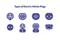 Electric car concept. Vector flat icon illustration. Set of blue color icons isolated on white background. Plug connector types to