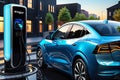 Electric Car Connecting to a Charger Station, Power Cable Firmly Attached, Reflection of Blue Sky on the Surface Royalty Free Stock Photo