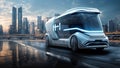 Modern electric car on the road with cityscape background. 3d rendering, generative ai