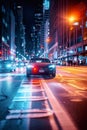Electric car driving on city street at night with vibrant neon lights. Soft focus. Urban transportation and eco-friendly Royalty Free Stock Photo