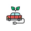 Electric car, ecological automobile, wasteless flat color line icon.