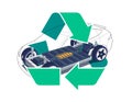Electric car with energy battery cells pack modular platform and recycling symbol
