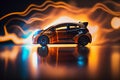 Electric car energy fast. neon glow-in-the-dark electric car at high speed running concept ai generation