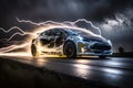 Electric car energy fast. neon glow-in-the-dark electric car at high speed running concept ai generation