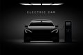 Electric car ev charge station vector concept. Electric vehicle charger energy background neon battery illustration