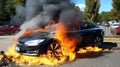 Electric car EV who\'s vehicle lithium battery is on fire causing a thermal runaway