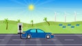 An electric car gets power from a power booth concept. Natural power supply idea with a blue car. Windmills and solar panels