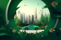 Electric car with green earth city background - Generative Ai Royalty Free Stock Photo