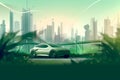 Electric car with green earth city background - Generative Ai Royalty Free Stock Photo