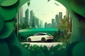 Electric car green earth city background - Generative Ai Royalty Free Stock Photo