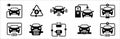 Electric car icon set. Electric car with charging power cord cable. Auto pilot and electric motor symbol. Charge station sign.