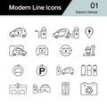 Electric car icon set 1. Hybrid Vehicle symbol. Eco friendly auto or electric vehicle concept. Modern line design. Royalty Free Stock Photo