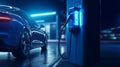 An electric car is parked next to a charger in an underground parking lot. Copy space. Blue tint. Royalty Free Stock Photo
