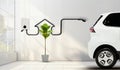 Electric car parking charging at smart house garage wall box charger station stand at family home. green energy,love nature,eco Royalty Free Stock Photo