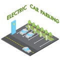 Electric car parking concept, isometric vehicle charging station