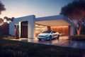 Electric car parking at home charging station, modern vehicle near house