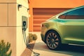 Electric car parking near home charging station, electric vehicle at house, generative AI