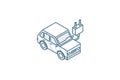 electric car, plug cable, ecology isometric icon. 3d line art technical drawing. Editable stroke vector