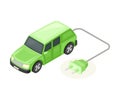 Electric Car with Plug for Charging Battery as Ecology and Environment Protection and Conservation Isometric Vector Royalty Free Stock Photo