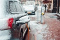 Electric car plug charging in the winter Royalty Free Stock Photo