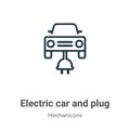 Electric car and plug outline vector icon. Thin line black electric car and plug icon, flat vector simple element illustration Royalty Free Stock Photo
