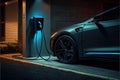 An electric car plugged into a charger. Ai generative